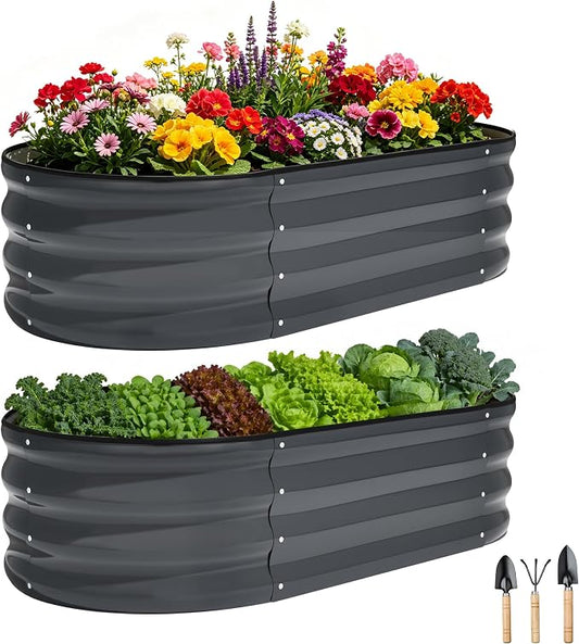 4x2x1ft(2 Pack) Galvanized Raised Garden Bed Outdoor, Oval Large Metal Planter Garden Boxes for Gardening, Planting Deep Root Vegetables, Herbs, Fruits, Flower, Rustproof, Rubber Strip, Gray
