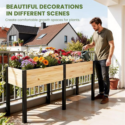 SUNYRISY Dual Wooden Raised Garden Bed Outdoor with Metal Legs for Gardening, 71" L x 23.6" W x 31.5" Elevated Planter Garden Box Raised Bed for Vegetable Flower Herb