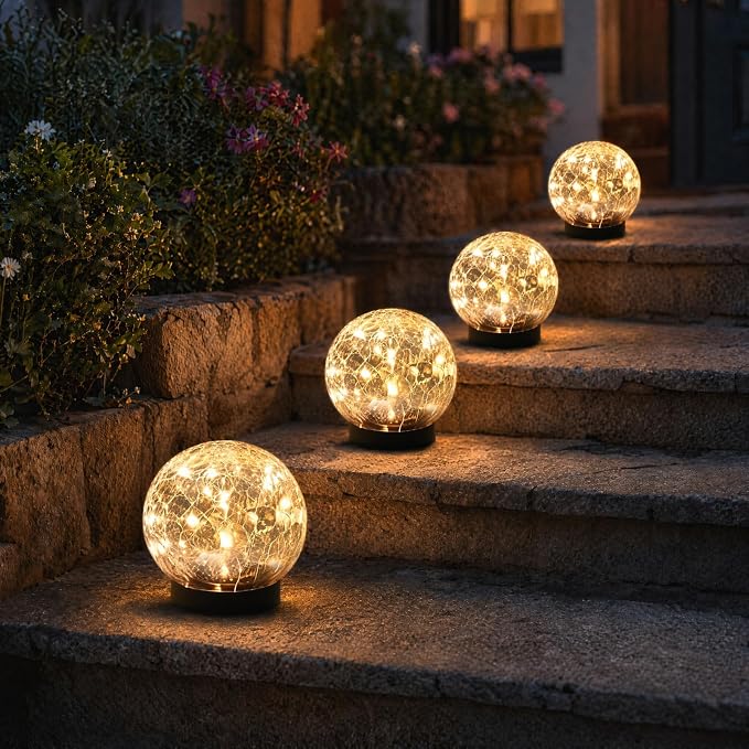 SyouHome Solar Garden Lights Outdoor Waterproof, Landscape Garden Decor | 4 Pack, Auto On/Off Cracked Glass Ball Light, Warm White Solar Globe Lights for Pathway/Patio/Lawn/Yard & Gardening Gift
