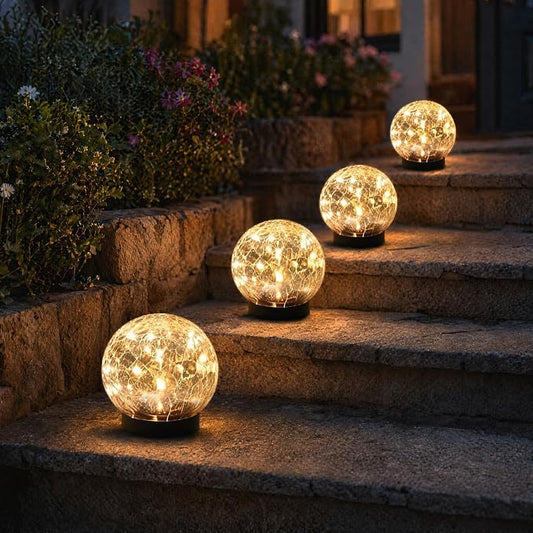 SyouHome Solar Garden Lights Outdoor Waterproof, Landscape Garden Decor | 4 Pack, Auto On/Off Cracked Glass Ball Light, Warm White Solar Globe Lights for Pathway/Patio/Lawn/Yard & Gardening Gift
