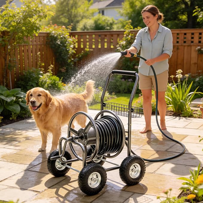 Hose Reel Cart, Holds 250 ft of 5/8" Hose, Heavy Duty Industrial Garden Water Hose Reel with 4 Wheels, Storage Basket, Powder-Coated Steel Frame for Lawn, Yard, Garden, Outdoor