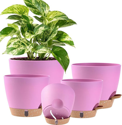 Self Watering Pots for Inoor Ourdoor Plants 8/7/6.5/6/5 Inch Plastic Planters with Drainage Holes & Water Level Indicator, Decorative House Flower Nursery Planting Pots with Saucers (Dusty Lavender)