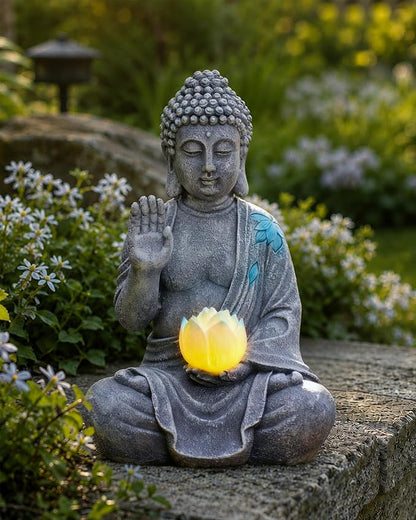 Nacome Solar Buddha Garden Statue Decor: Sitting Resin Figurine with Lotus Flower Light Zen Sculpture for Patio Lawn Yard Porch Balcony Meditation Space - 10.6 inches(Grey)