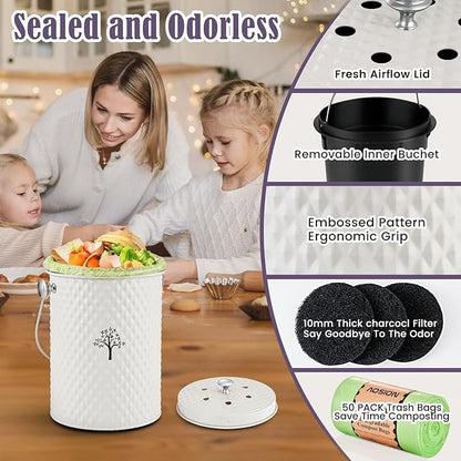 AOSION Countertop Kitchen Odorless Compost Bin with Removable Inner Bucket | 1 Gallon Composter Container,Includes 50 Compost Bags,2 Carbon Filters,Compost Bucket, ideal for food scraps,coffee grounds