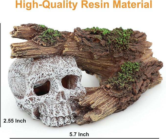 Fish Tank Decorations, Large Aquarium Decor Accessories with Skull and Driftwood, Bearded Dragon Hideout, Reptile & Amphibian Habitat Hideouts