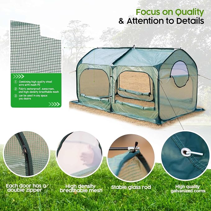 Pop up Greenhouse Tent Cover Tunnel Plant House,Large Gardening Flower Sunshine Room with Mesh Windows,Backyard PE Cover for Cold Frost Protector with Stakes and Rope Guys