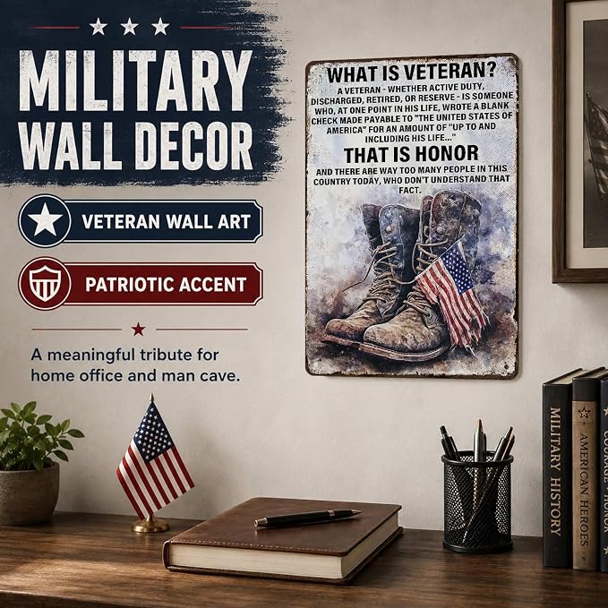PEACHGARDEN Military Decor What Is a Veteran Patriotic Metal Sign, Military Wall Decor Veteran Metal Sign for Home Office Man Cave, Army Memorabilia 12 x 8 Inch