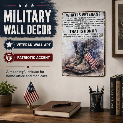 PEACHGARDEN Military Decor What Is a Veteran Patriotic Metal Sign, Military Wall Decor Veteran Metal Sign for Home Office Man Cave, Army Memorabilia 12 x 8 Inch