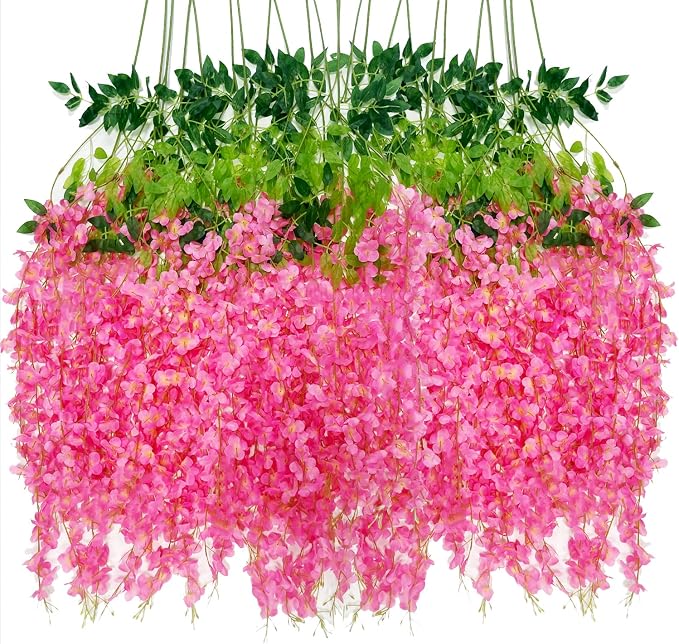 Artificial Wisteria Hanging Flowers-Fake Wisteria Flower Garland Silk Vines Rattan Decor for Home Wedding Arch Wall Garden Greenery Bedroom Outdoor Office Party Decoration(36, Dark Pink)