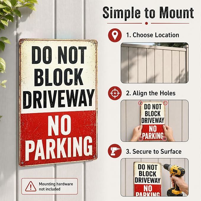Do Not Block Driveway Tin Sign, 12 x 8 Inch No Parking Aluminum Metal Wall Decor, Vintage Notice Sign for Garage, Gate, Fence, Carport