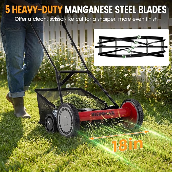 Goplus 18 Inch Push Reel Lawn Mower, 5-Blade Manganese Steel Manual Grass Cutter, 4-Position Adjustable Height, Removable Grass Catcher, Quiet No-Motor Walk-Behind Mower for Yard, Lightweight