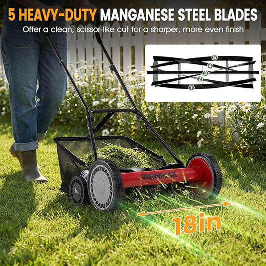 Goplus 18 Inch Push Reel Lawn Mower, 5-Blade Manganese Steel Manual Grass Cutter, 4-Position Adjustable Height, Removable Grass Catcher, Quiet No-Motor Walk-Behind Mower for Yard, Lightweight