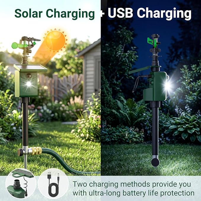 2 Packs Motion Activated Animal Repeller with Water Sprinkler, Deer Repellent Devices Solar Powered, IP65 Waterproof Deer Repellent with Flashing Light, Deter Cats Dogs Skunks Raccoons from Garden