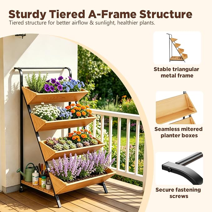 4-Tier Vertical Garden Planter on Wheels, Tiered Planter Outdoor with Storage Shelf for Vegetables Flowers Herbs, Mobile Vertical Planter Garden Bed with Handle for Patio Yard, Brown
