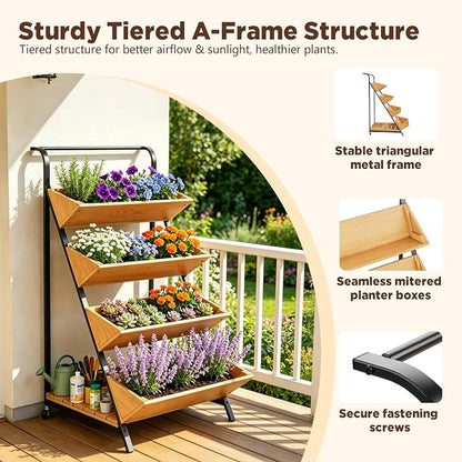 4-Tier Vertical Garden Planter on Wheels, Tiered Planter Outdoor with Storage Shelf for Vegetables Flowers Herbs, Mobile Vertical Planter Garden Bed with Handle for Patio Yard, Brown