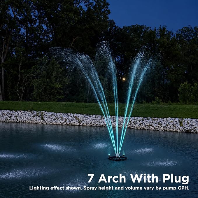 Half Off Ponds 1.75 HP Floating Fountain & Aerator | 14,800 GPH output, 11 spray patterns, Color-changing LED lights, 200 ft cord, Energy-efficient design