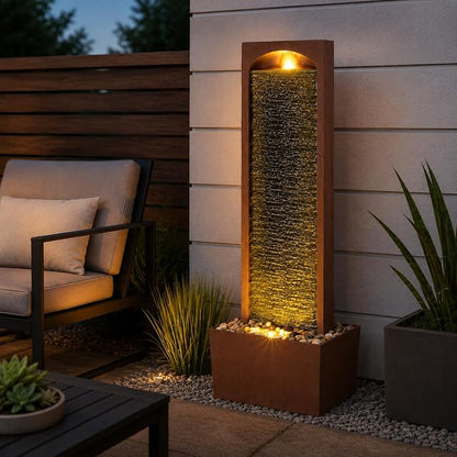 Teamson Home 38.5" Faux Slate Contemporary Outdoor LED Waterfall Fountain with Pebble Base, Red Rock | Contemporary, Pebble Base