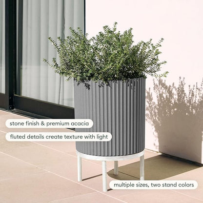 Veradek Demi Series Round Planter w/Stand for Porch/Patio | Durable Plastic-Stone Composite & Wooden Stand | Modern Décor for Tall Plants, Flowers