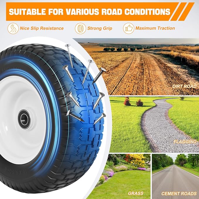 Yesker 16x6.50-8 Flat Free Lawn Mower Tire and Wheel Assembly with 1" Bearing Bore, 16x6.50-8nhs Solid Riding Lawnmower Tires with 3" Center Hub, 2 Pack