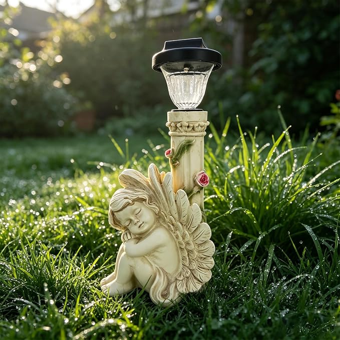 Angel Statue with Solar Light,White 12.9IN | Resin Solar Statues Outdoor Decorations for Home Patio Lawn Yard Balcony, Gift For Mom/Grandma/Garden Lovers