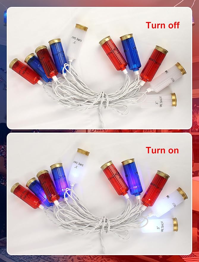 8.5Ft 4th of July String Lights, 10L LED Red White and Blue Shotgun Shell Lights Plug in for Home Classroom Porch Backyards Tree Patriotic Holiday Decorations, Indoor and Outdoor Use
