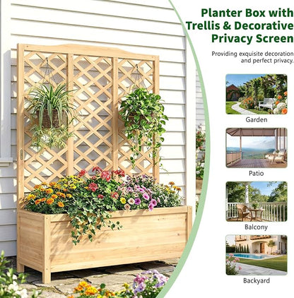Wooden Raised Garden Bed with Trellis, Freestanding Planter Box with Drainage for Vines Climbing Plants Flowers Herbs, Elevated Gardening Planter for Backyard Balcony Patio