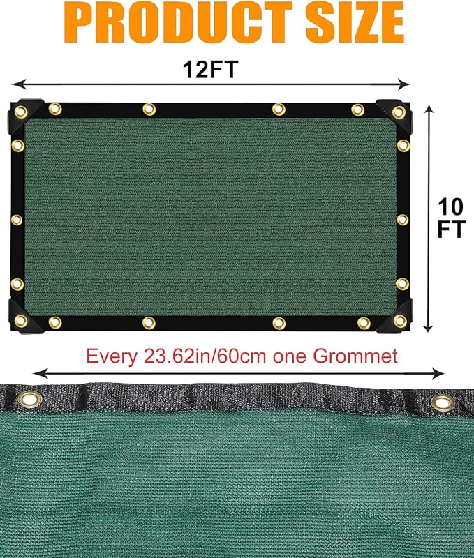 e.share 90% Green Shade Cloth with Grommets, 12x10 Ft Heavy Duty Mesh Tarp, Sun Shade Netting for Garden, Plant, Greenhouse, Patio, Pergola