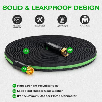 100FT Lightweight Super Flexible Garden Hose - Kink-Free, Non-Expanding, Easy Storage for Yard Lawn Outdoor Use (Black-Green)