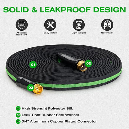 15FT Lightweight Super Flexible Garden Hose - Kink-Free, Non-Expanding, Easy Storage for Yard Lawn Outdoor Use (Black-Green)
