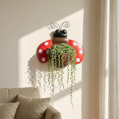 Ladybug Metal Wall Planter, Wall Mount Hanging Succulent Pot with Drainage | Cute farmhouse ladybug wall mount pot with drainage hole, garden decor for yard, indoor & outdoor succulent wall container.