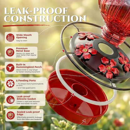 Glass Hummingbird Feeder for Outdoors Hanging, 26Oz Bird Nectar Feeder with Perch & 5 Flower Feeding Ports, Leak Proof for Outside Garden Decor Backyard, Gifts for Women Mom, Blue & Red