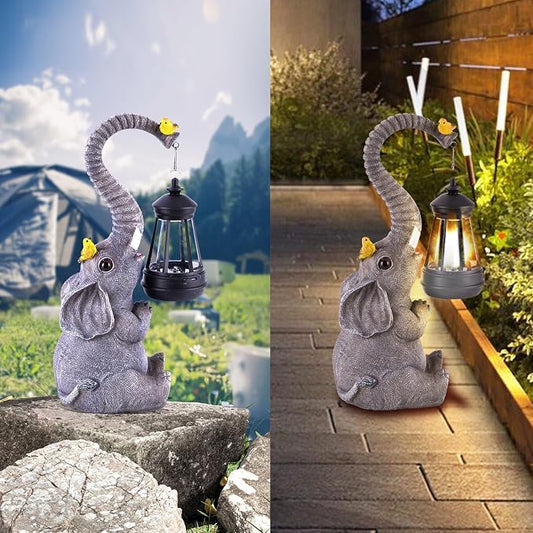 Solar Outdoor Garden Decor Elephant Statues Lights, Lucky Elephant Unique Mom Birthday Gifts for Mom, Housewarming Gifts and Yard Decoration, Cute Birds Garden Sculpture Decor