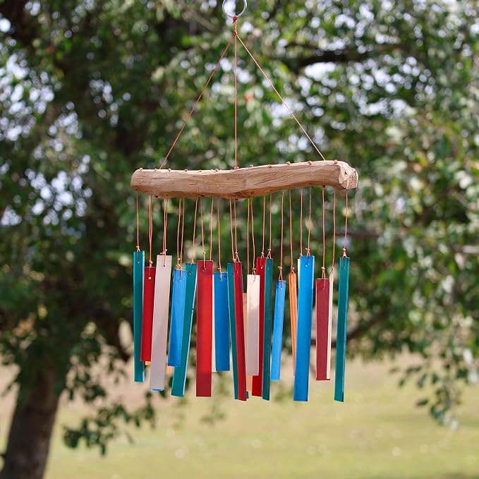 Blue Handworks Rectangle Glass Wind Chime Retro | Colorful Handcrafted Sandblasted Glass Wind Chime with Found Wood
