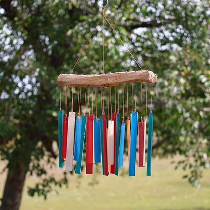 Blue Handworks Rectangle Glass Wind Chime Retro | Colorful Handcrafted Sandblasted Glass Wind Chime with Found Wood