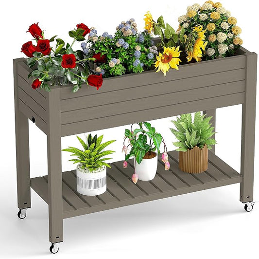 PatioZen Raised Garden Bed with Legs, 33.66" Tall Self-Watering Resin Planter Box with Lockable Wheels Drainage Plug and Gauge for Vegetables, Flowers, Storage Shelf for Tools and Accessories (Grey)