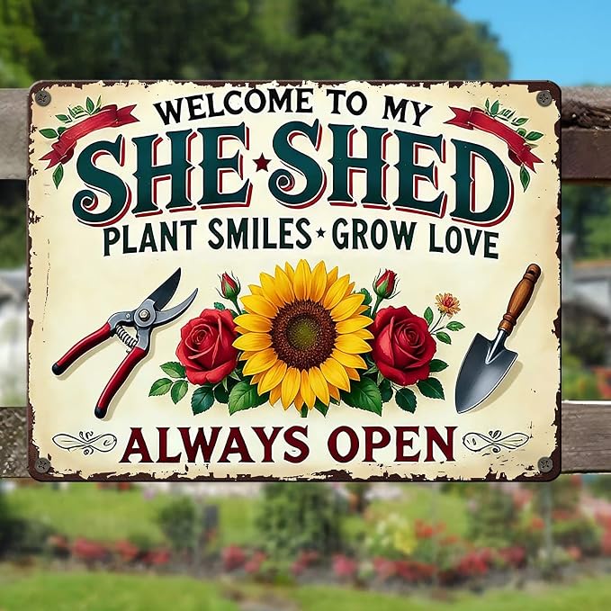 PEACHGARDEN Garden Decor She Shed Wall Art Decor Welcome To My She Shed Garden Metal Sign for Greenhouse Plantroom Yard Patio 12x16 inch