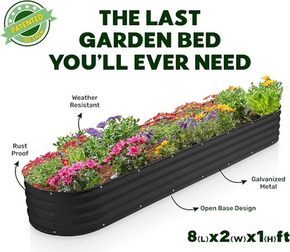 Plant & Plot Galvanized Raised Garden Beds Outdoor // 8×2×1 ft Planter Raised Beds for Gardening, Vegetables, Flowers // Large Metal Garden Box (Black) // Patented Tool-Free Design