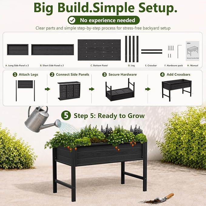 YEFU 48" Raised Garden Bed with Legs, HIPS Outdoor Garden Bed, Black | Raised Garden Bed with Legs for Patios & Decks, 30" Height, Wood-Look HIPS, Drainage, 385 lbs Support for Vegetables & Herbs