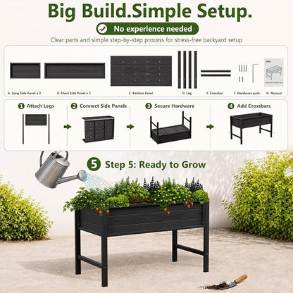 YEFU 48" Raised Garden Bed with Legs, HIPS Outdoor Garden Bed, Black | Raised Garden Bed with Legs for Patios & Decks, 30" Height, Wood-Look HIPS, Drainage, 385 lbs Support for Vegetables & Herbs