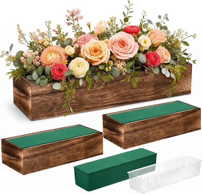 Dandat 3 Set Wood Boxes for Centerpieces 12x4 Inch Rectangle Wooden Planter Box Rustic Wood Planter with Removable Plastic Liner Floral Foam Blocks for Centerpieces Home Wedding Garden Decor