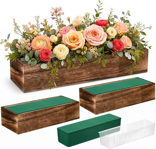 Dandat 3 Set Wood Boxes for Centerpieces 12x4 Inch Rectangle Wooden Planter Box Rustic Wood Planter with Removable Plastic Liner Floral Foam Blocks for Centerpieces Home Wedding Garden Decor