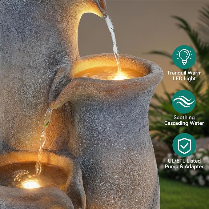 33" H Outdoor Water Fountain with Lights, 5-Tier Faux Terracotta Vase Waterfall, Rustic Cracked Stone Finish Resin Cascading Waterfall Feature with Tranquil Oasis for Garden, Patio, Yard, Porch