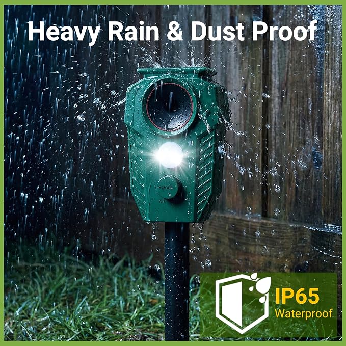 4 Pack Solar Powered Animal Repellent Outdoor, Deer Repellent Devices Ultrasonic Motion Activated, Cat & Raccoon Repellent for Yard Garden Lawn, IP65 Waterproof Pest Repellent with LED Light