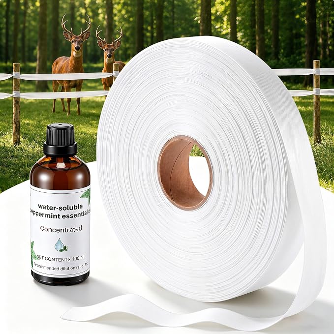 Deer Fence, Deer Tape and Deers Repellent for Plants, 300Ft Deers Ribbon with 100ml Natural Peppermint Spray Concentrate, Dual Action Visual & Scent Garden Barrier for Yard, Orchard, Vegetables
