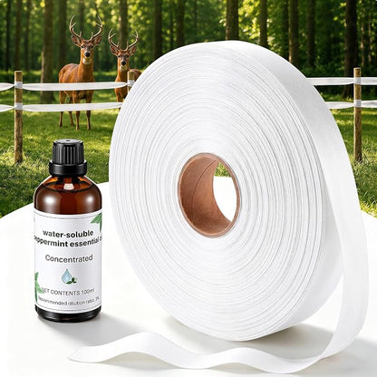 Deer Fence, Deer Tape and Deers Repellent for Plants, 300Ft Deers Ribbon with 100ml Natural Peppermint Spray Concentrate, Dual Action Visual & Scent Garden Barrier for Yard, Orchard, Vegetables