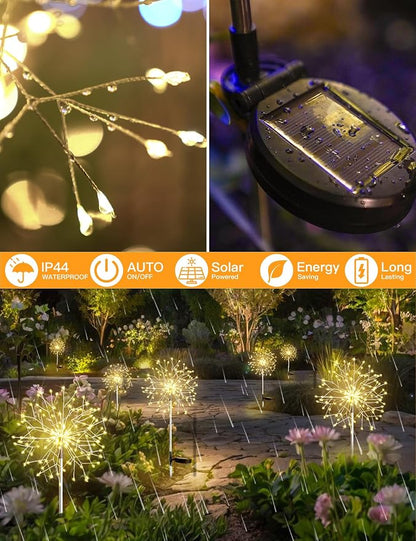suddus Solar Garden Lights Outdoor Waterproof Decorative, 4Pack 150LED Firework Lights, Solar Fairy Lights for Yard, Garden, Patio, Pathway, Flowerbed, Party, Wedding Outside Decor- Warm White