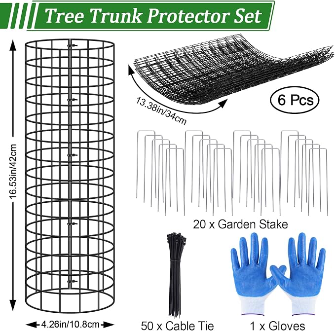 6Pcs Tree Trunk Protector, 16.5'' H Metal Mesh Tree Bark Protector with Zip Ties Metal Stakes and Gloves,Expandable Plant Trunk Guard Protectors for Deer Rabbit Rodents Mowers