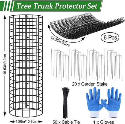 6Pcs Tree Trunk Protector, 16.5'' H Metal Mesh Tree Bark Protector with Zip Ties Metal Stakes and Gloves,Expandable Plant Trunk Guard Protectors for Deer Rabbit Rodents Mowers