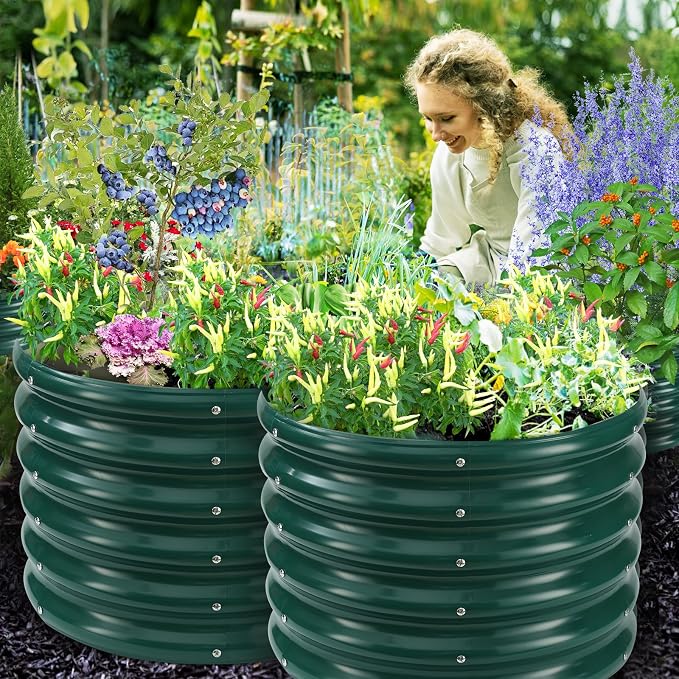 YSEJOMP 17" Tall 24" Diameter Round Raised Garden Bed Kits Outdoor Green | 1.5 FT Tall,2FT Planter Bed for Flowers,Herbs,Vegetables,Trees,0.8MM Thick Galvanized Metal Painted,with Gloves,Tool free