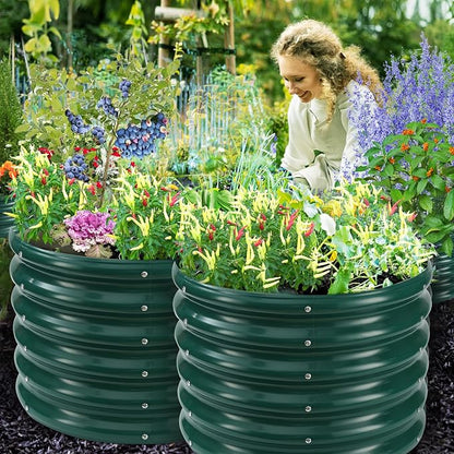 YSEJOMP 17" Tall 24" Diameter Round Raised Garden Bed Kits Outdoor Green | 1.5 FT Tall,2FT Planter Bed for Flowers,Herbs,Vegetables,Trees,0.8MM Thick Galvanized Metal Painted,with Gloves,Tool free